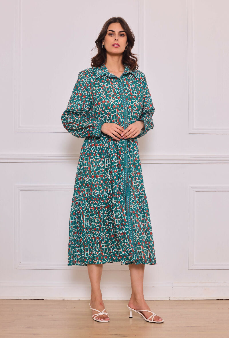 Mid-length cotton shirt dress - Green
