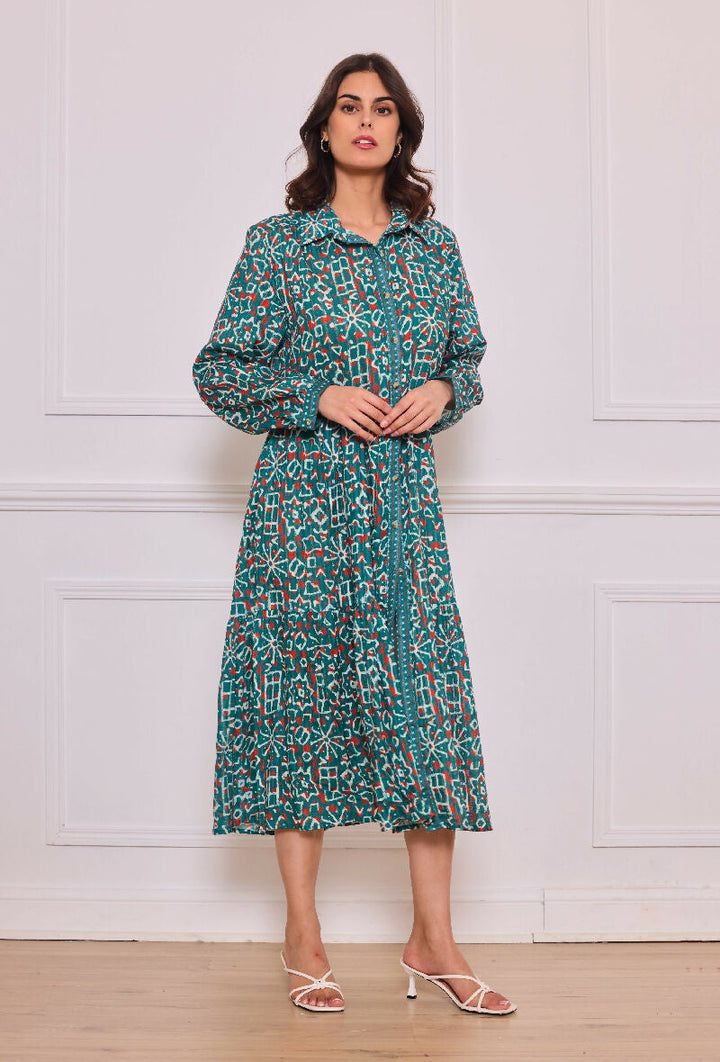 Mid-length cotton shirt dress - Green