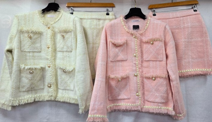 (2P.PACK) Boucle Pearl Frayed Skirt Two Piece Co-ord Set - jqwholesale.com