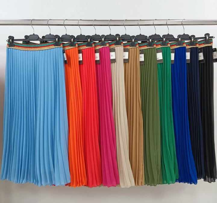 Pleated Midi Skirt with Rainbow Elasticated Waistband - jqwholesale.com