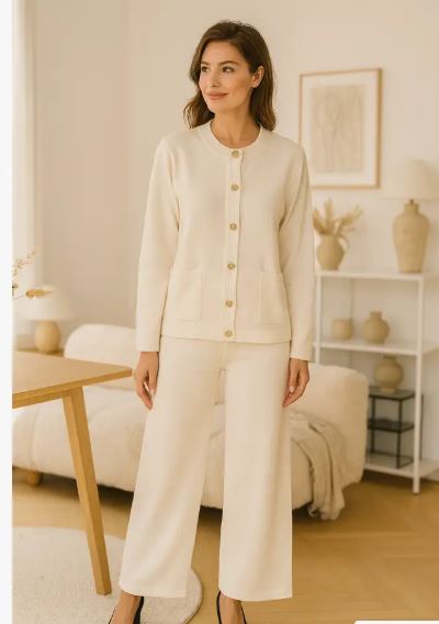 Gold Button Plain Two Piece Classic Coord Loungewear Set (2P.PACK)