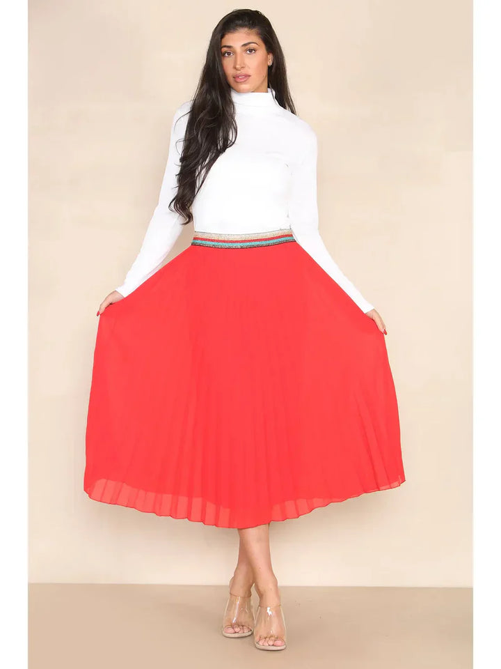 Pleated Midi Skirt with Rainbow Elasticated Waistband - jqwholesale.com