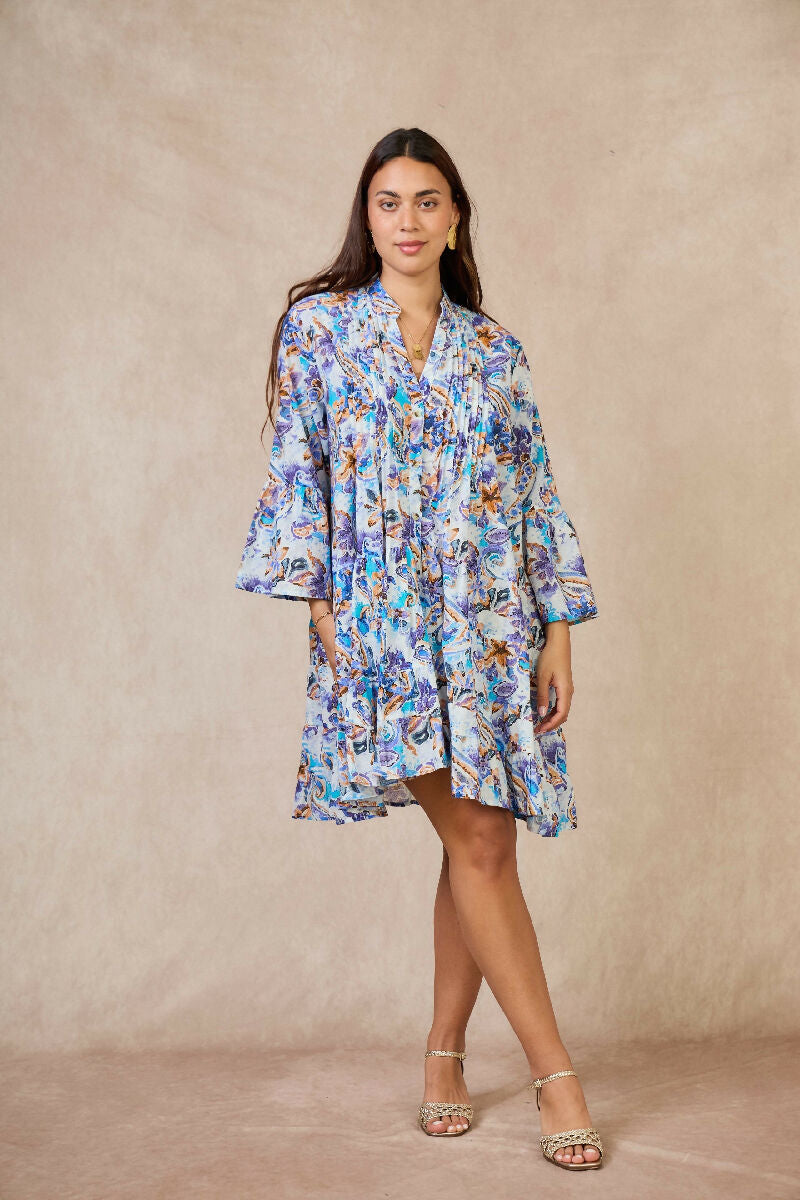 Short A-line dress in printed cotton- Purpel
