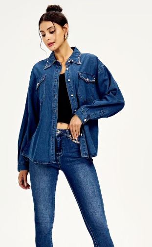 (3p. pack) Coloured Crystal and Pearl Cotton Denim Shirt - jqwholesale.com