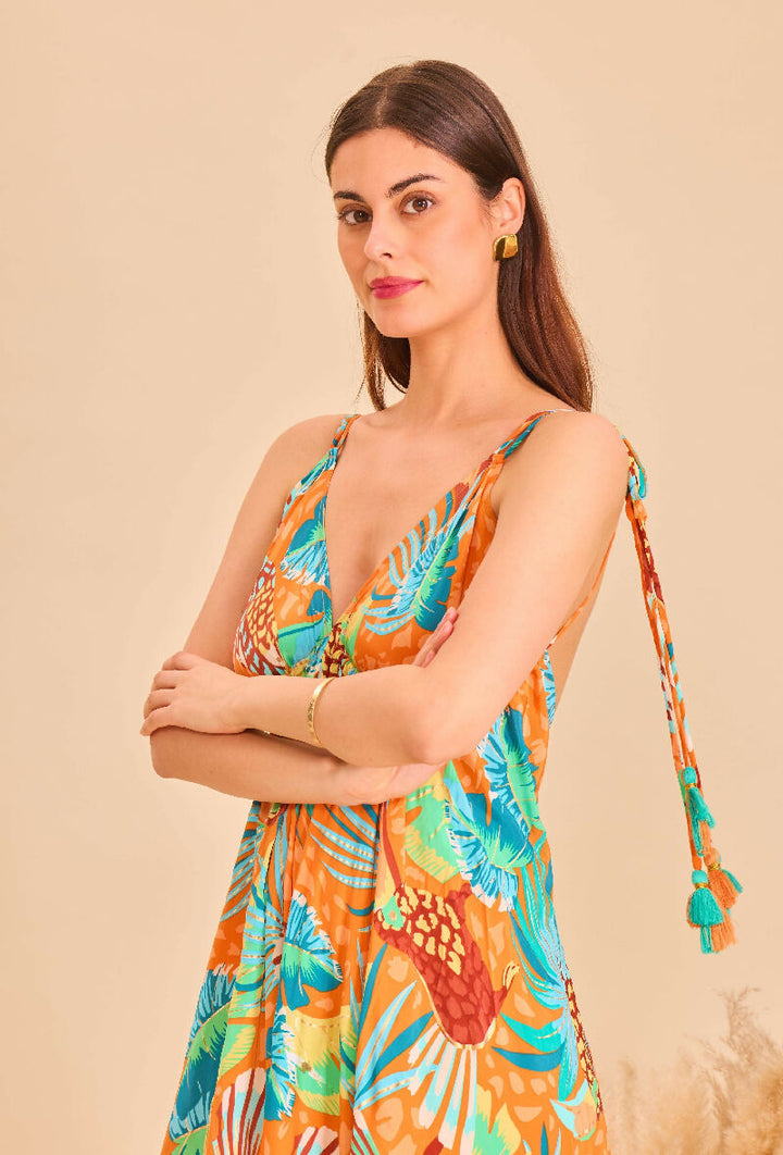 Long bohemian silk backless dress - Orange