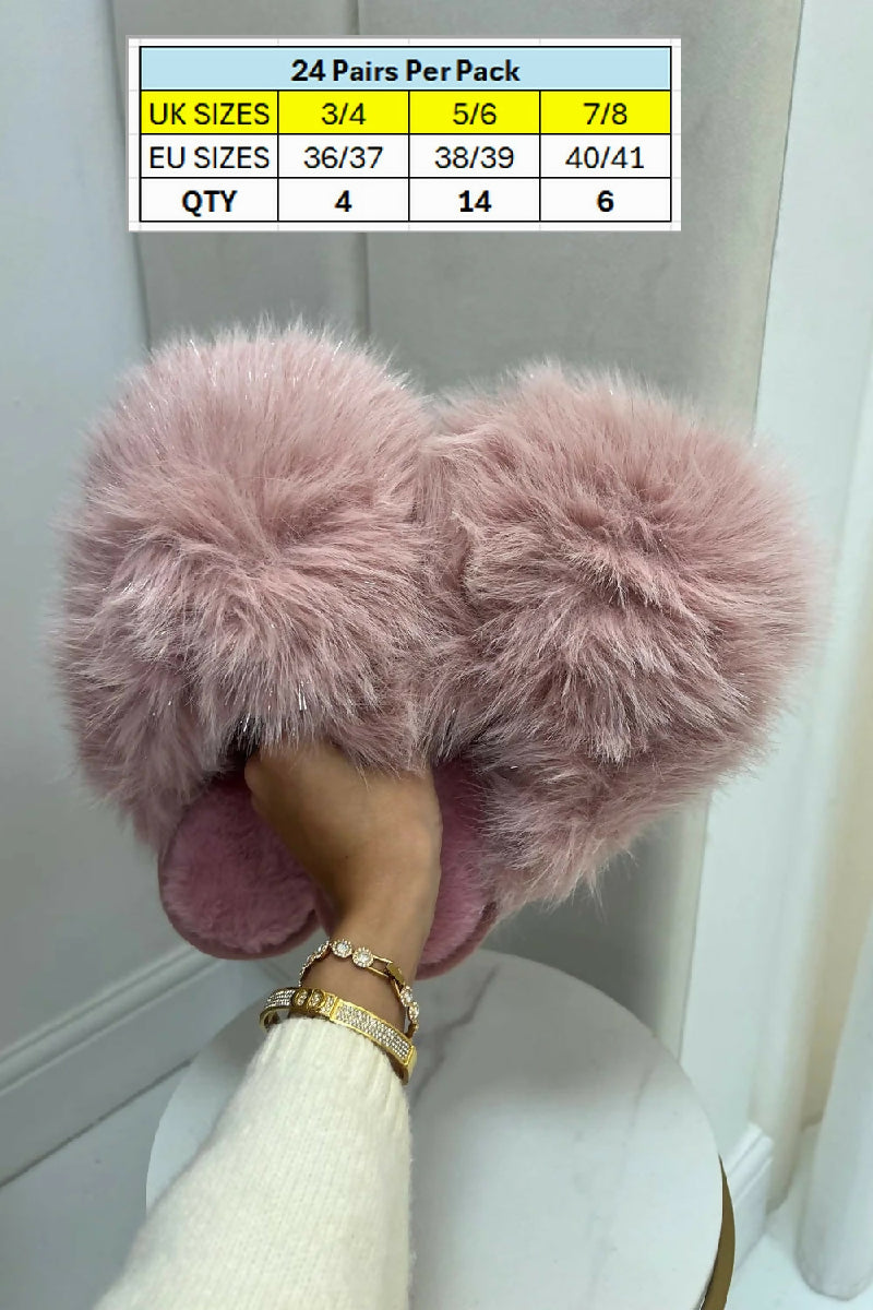 EXTREME COSY OVERSIZED PINK FLUFFY FUR WINTER SLIPPERS (PACK OF 24 PAIRS UK3-UK8) - jqwholesale.com