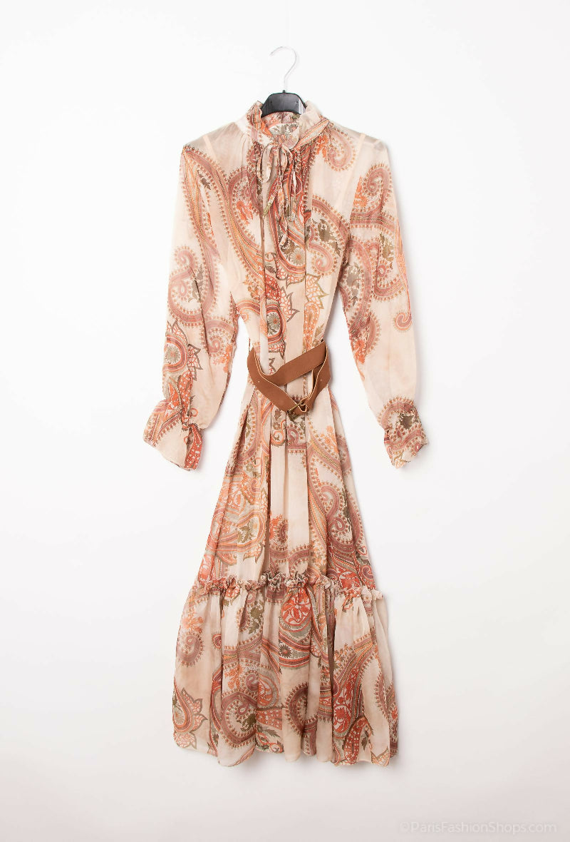 Printed Chiffon Maxi Dress with Belt