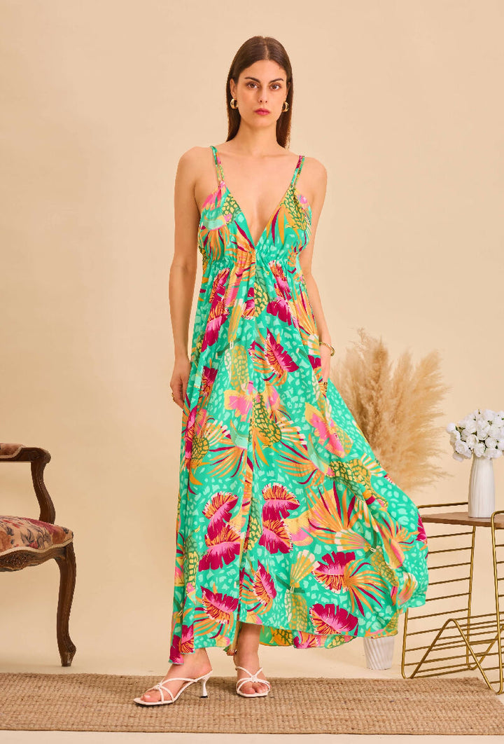 Long bohemian silk backless dress - Green