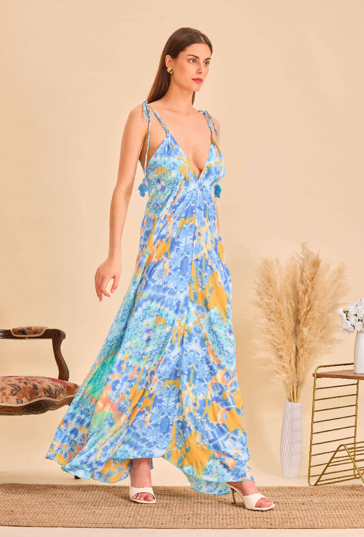 Long bohemian silk backless dress - Sky bleu