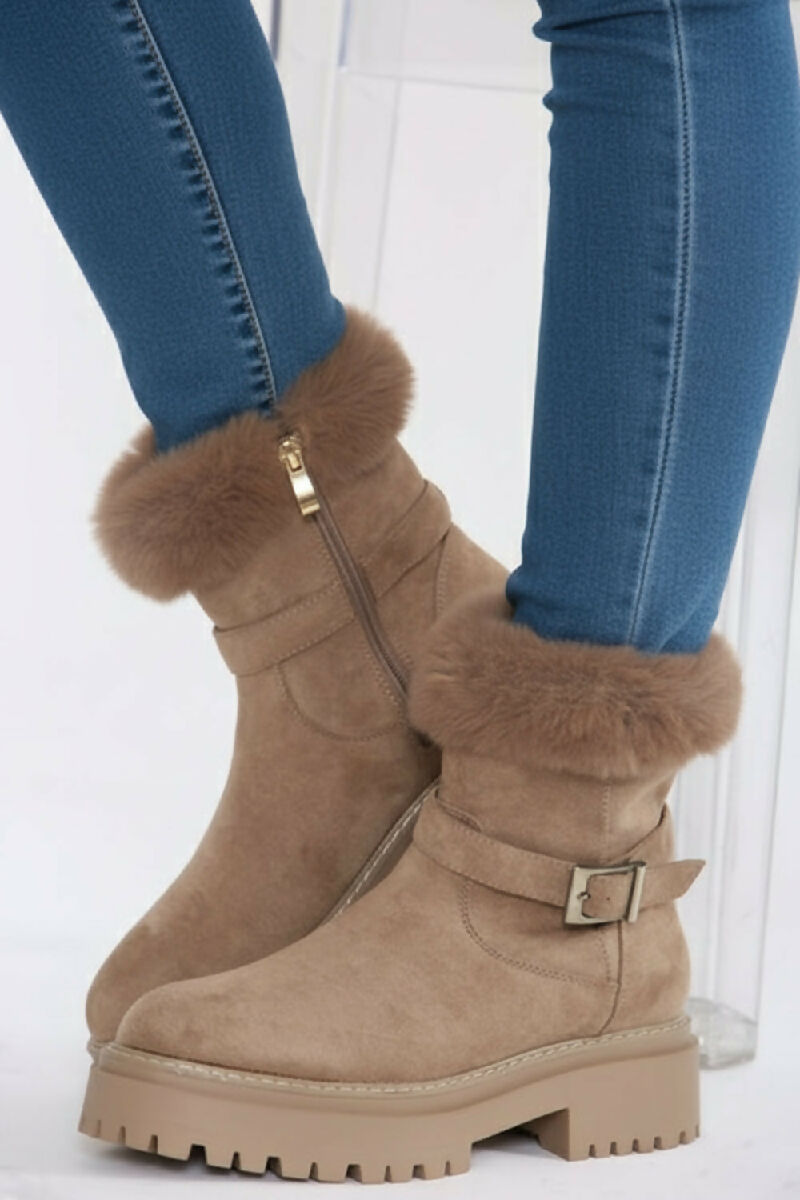 Camel Faux Fur Collar Buckle Ankle Boot (PACK OF 12 PAIRS UK3-UK8)