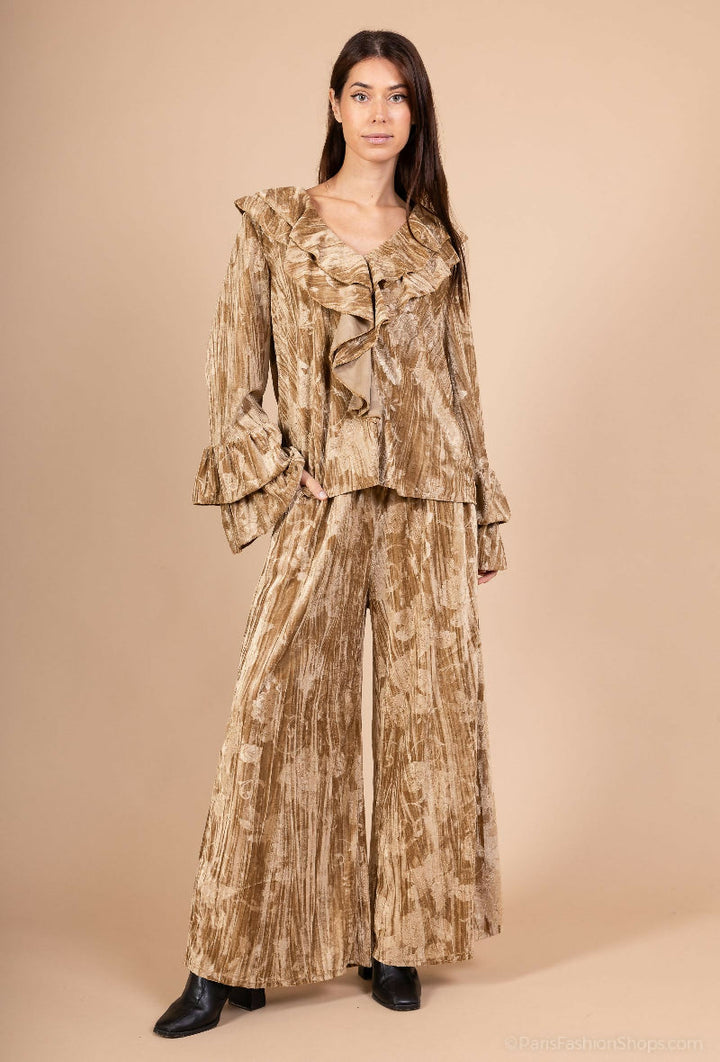 Embroidered Velvet Ruffle Blouse