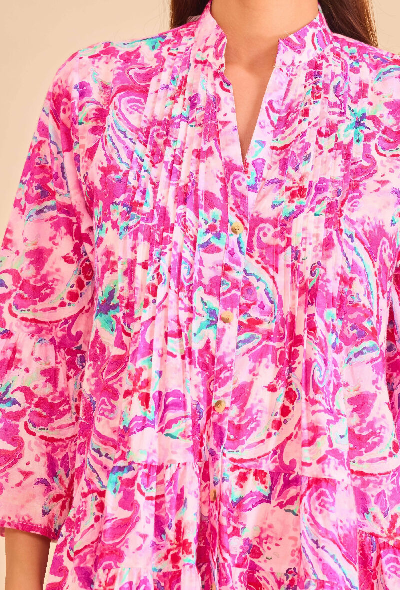 Short A-line dress in printed cotton- Pink