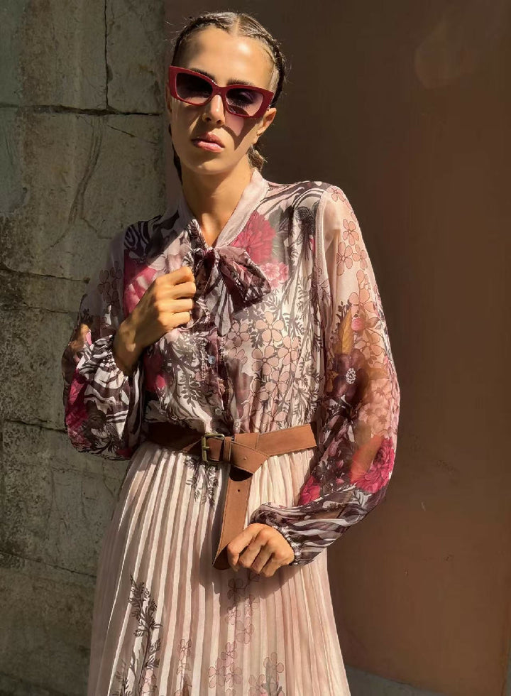 Pleated Long Floral Print Dress
