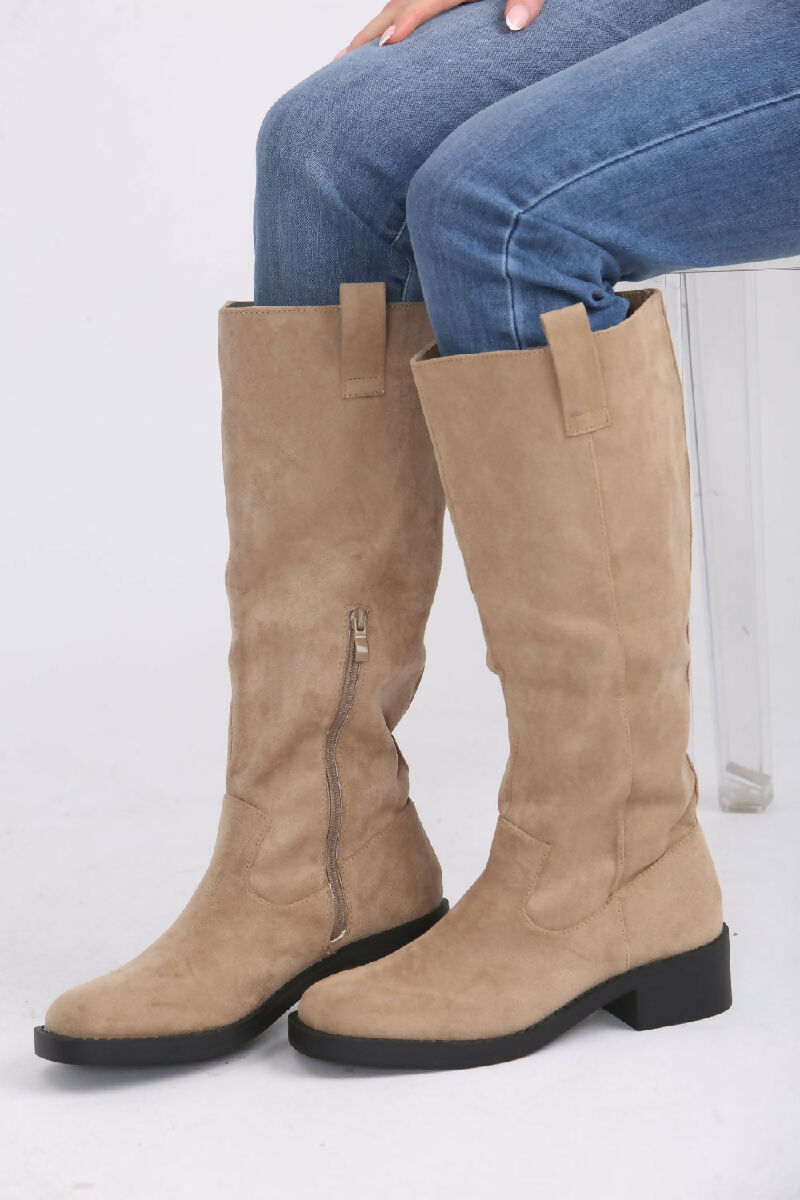 Camel Suede Designer Knee High Flat Boot (PACK OF 12 PAIRS UK3-UK8)