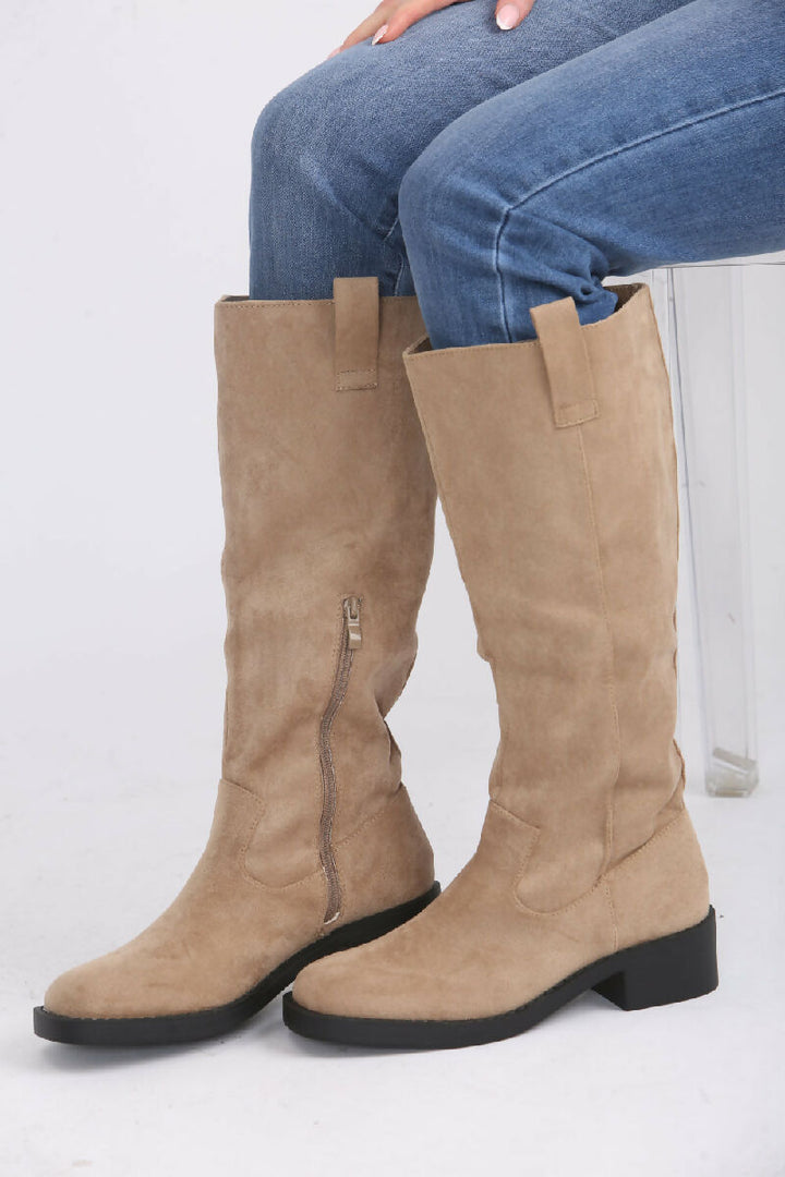 Camel Suede Designer Knee High Flat Boot (PACK OF 12 PAIRS UK3-UK8)