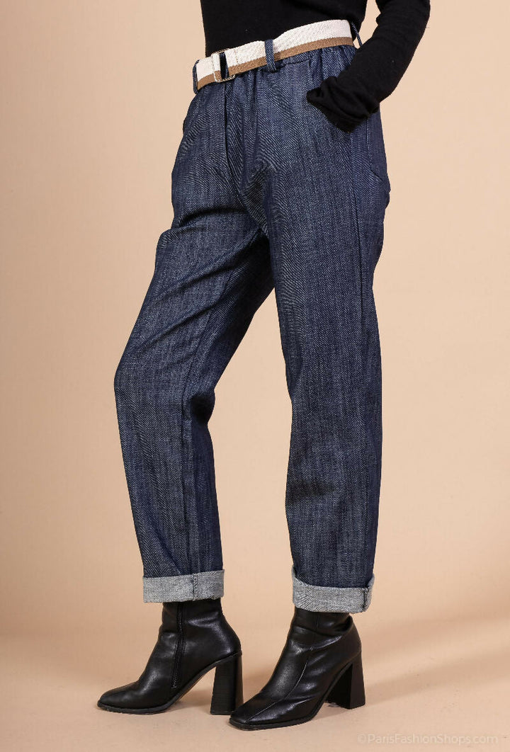 (4p.pack) Belted Straight-Cut Wide Denim Jeans