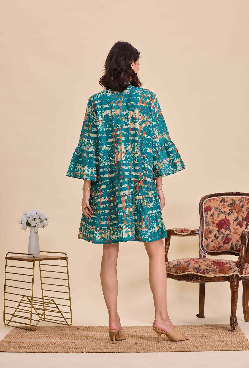 Short A-line dress in printed cotton- Green