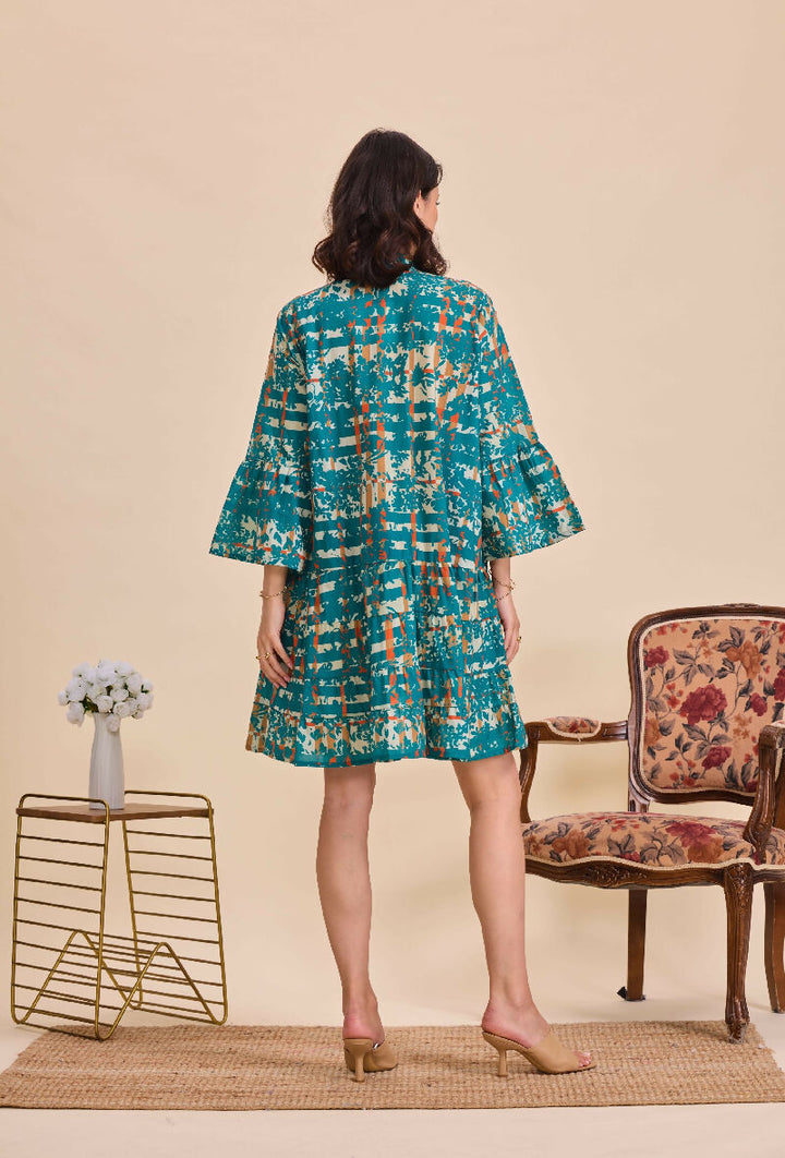 Short A-line dress in printed cotton- Green