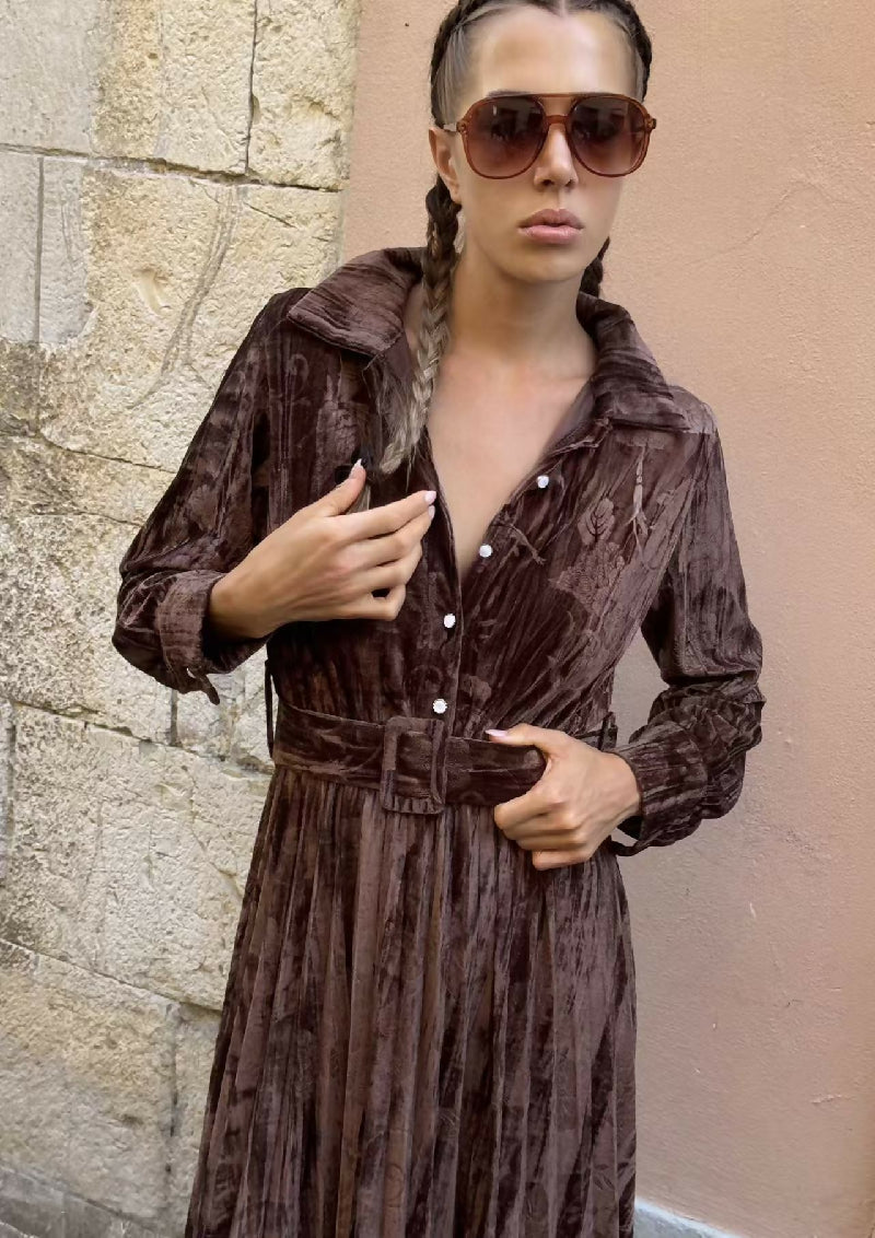 Embroidered Velvet Long Dress