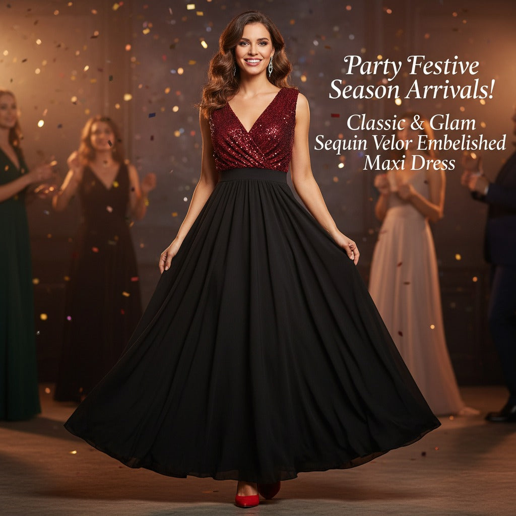 Sequin Velour Crossover Neck Maxi Dress - jqwholesale.com