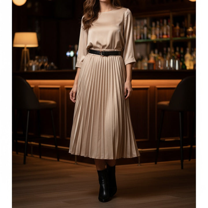 Sateen Pleated Belted Midaxi Skirt - jqwholesale.com