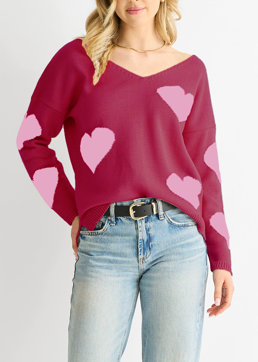Red V Neck Oversized Heart Knit Jumper - jqwholesale.com