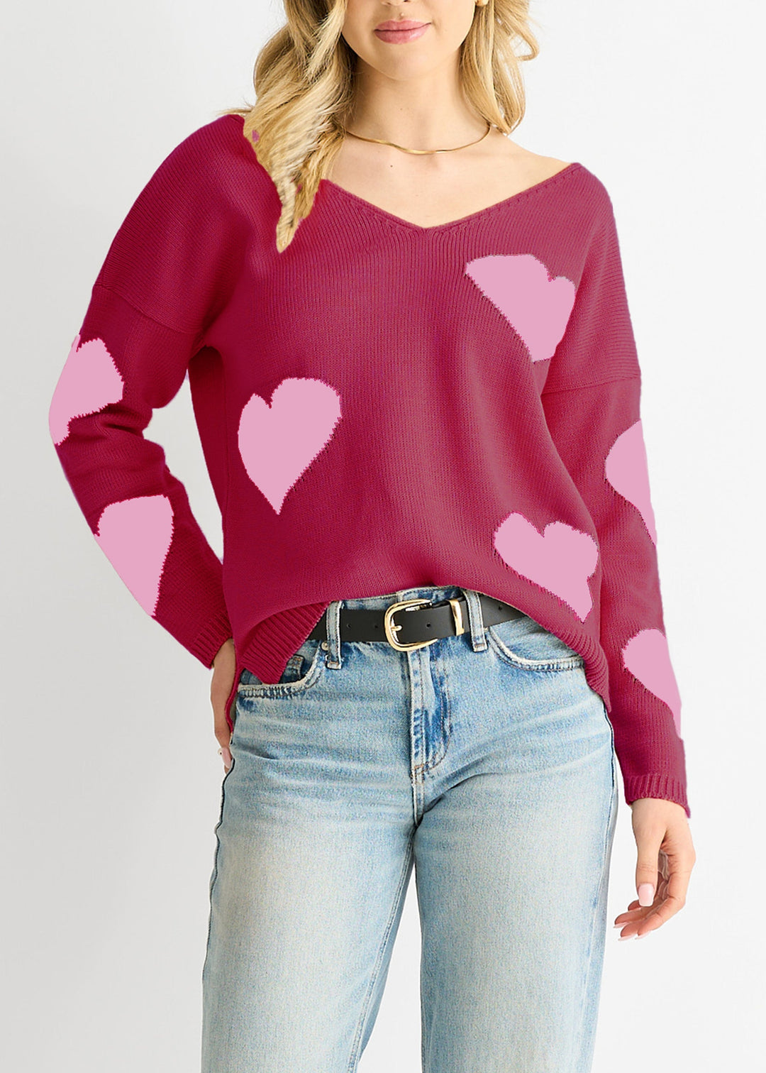 Red V Neck Oversized Heart Knit Jumper - jqwholesale.com