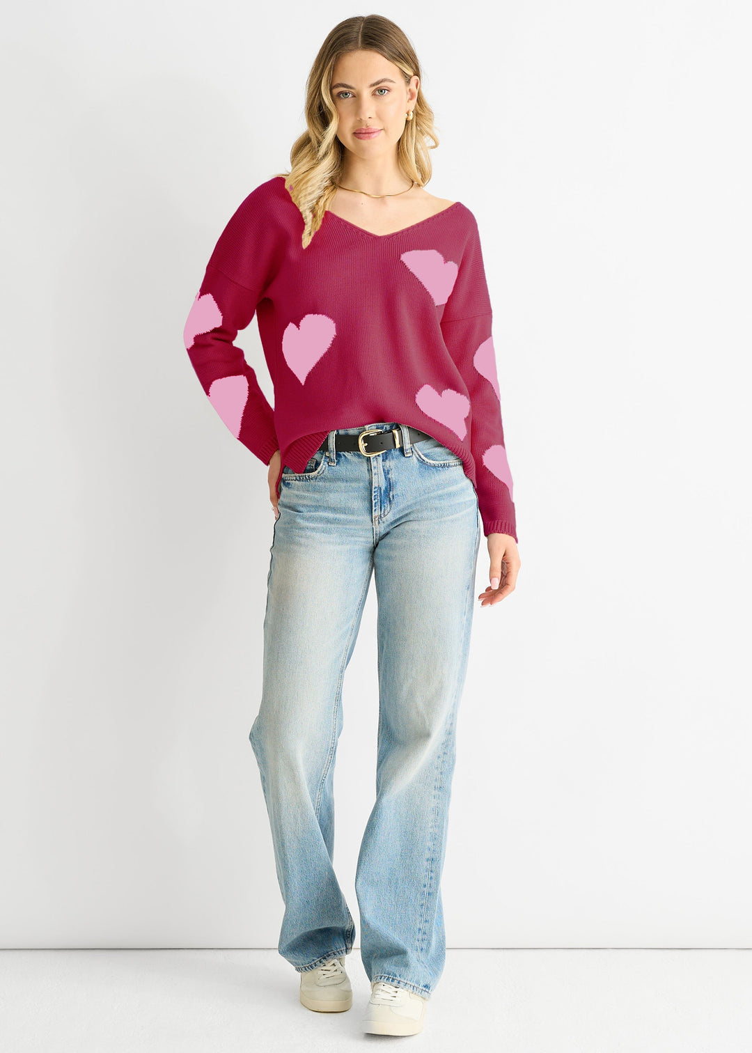 Red V Neck Oversized Heart Knit Jumper - jqwholesale.com