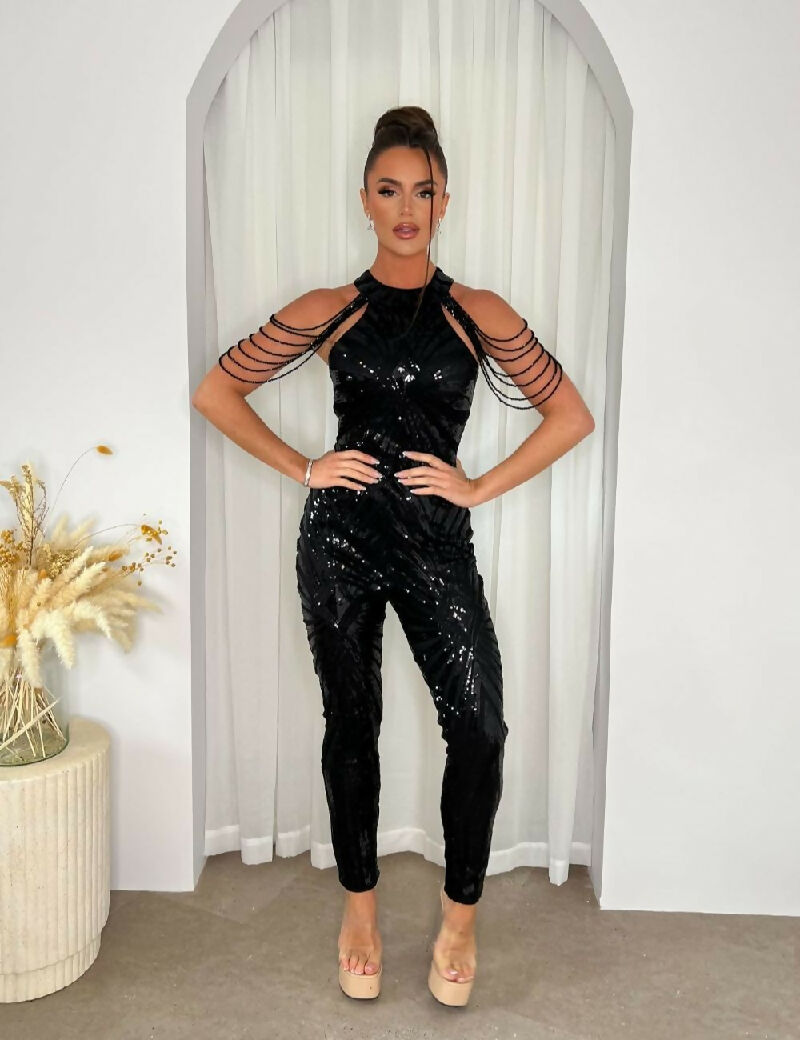 (5-6P.PACK) Shadow Luxe Black High Neck Beaded Sequin Illusion Jumpsuit