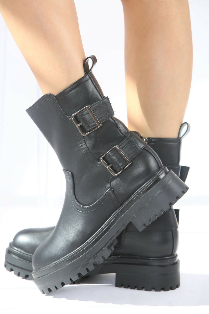 Black Double Buckle Chunky Biker Boots (PACK OF 12 PAIRS UK3-UK8)