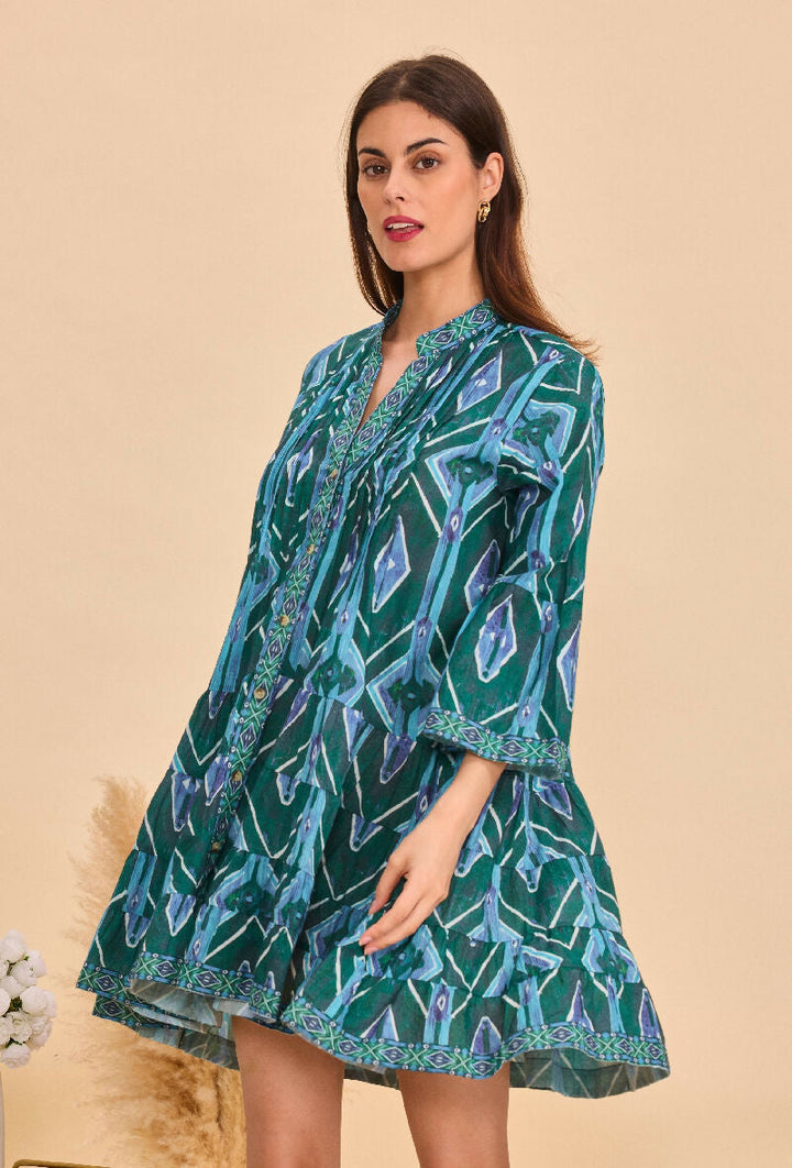 Short A-line dress in printed cotton- Green