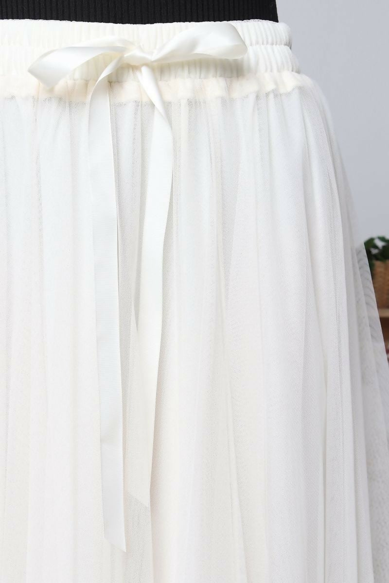 White tulle mid-length skirt - Beige