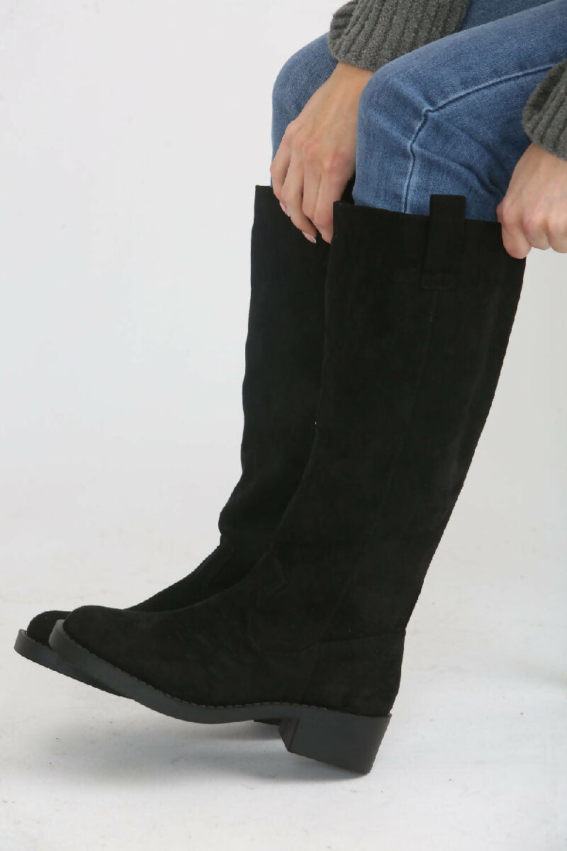 Black Suede Designer Knee High Flat Boot (PACK OF 12 PAIRS UK3-UK8)