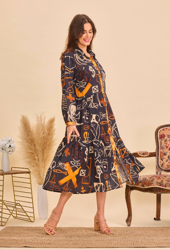 Mid-length bohemian cotton dress - Black