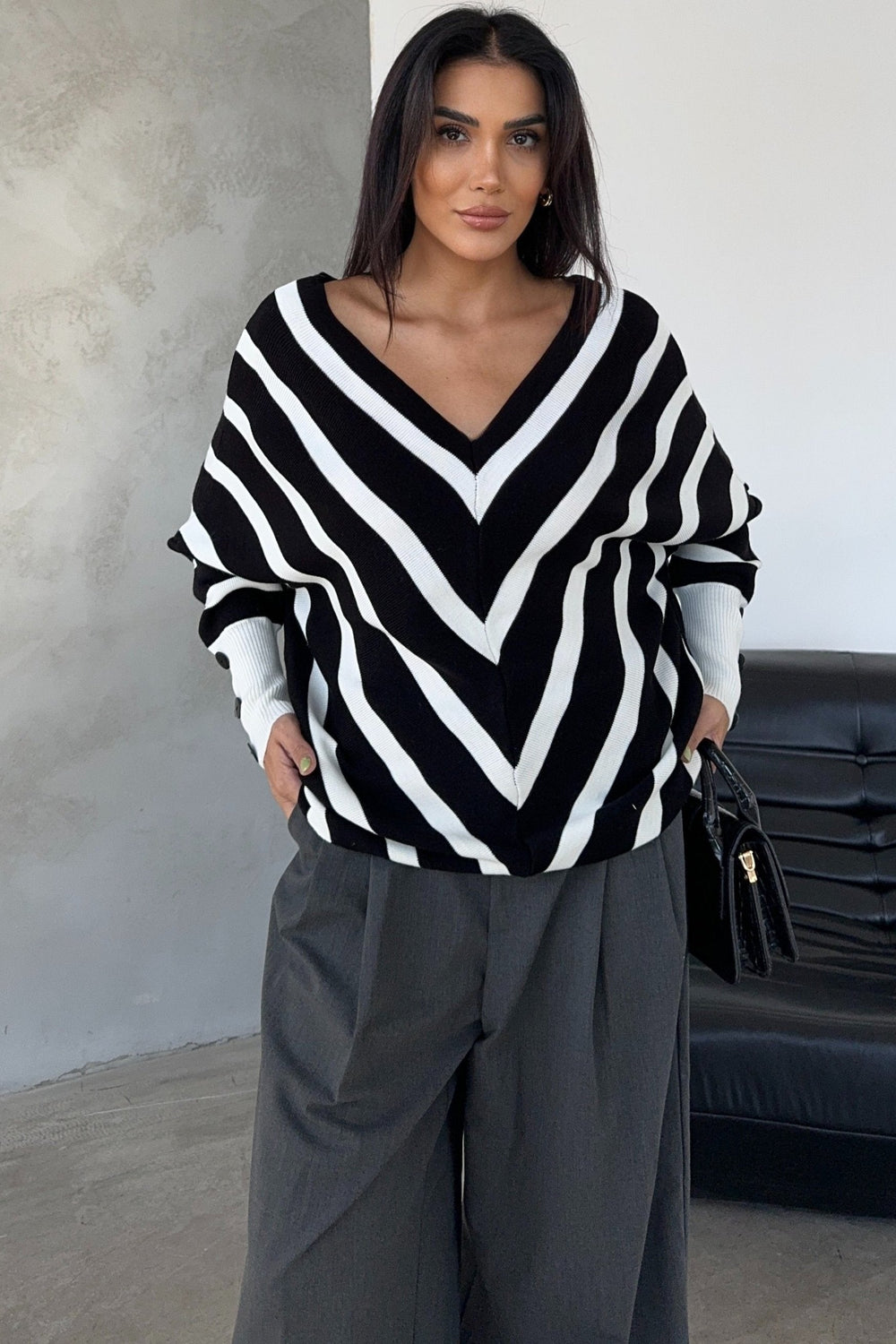Off Shoulders Striped Knitted Sweater with Buttons in Black/White - jqwholesale.com