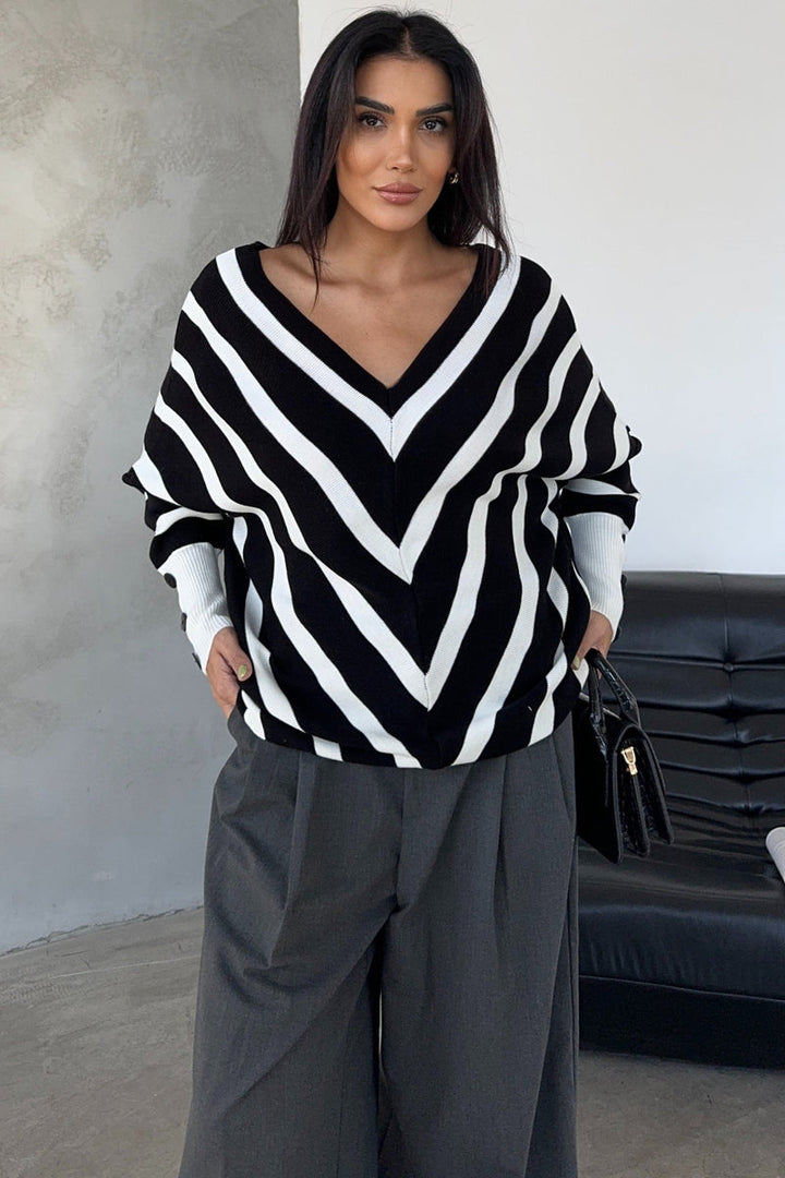 Black Off-Shoulder Striped Knit Sweater with Button Details
