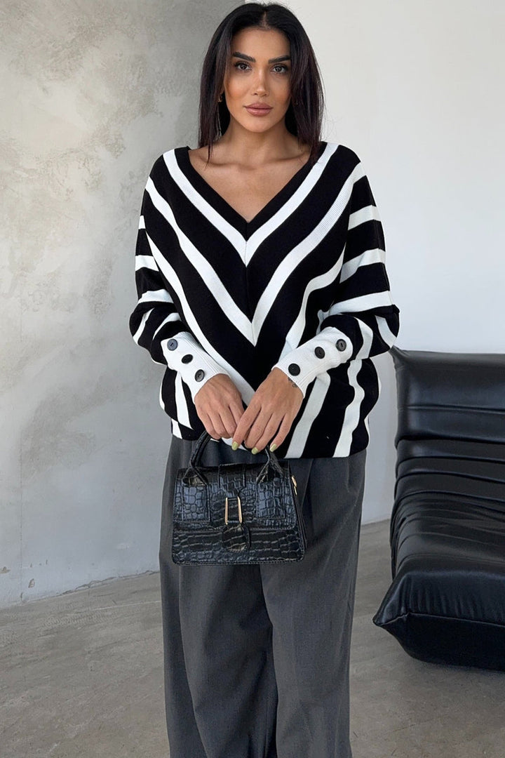 Black Off-Shoulder Striped Knit Sweater with Button Details - jqwholesale.com