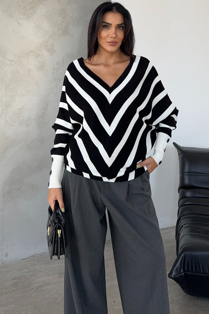 Black Off-Shoulder Striped Knit Sweater with Button Details