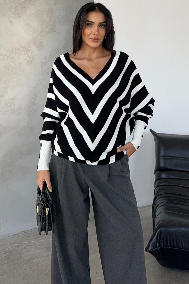 Off Shoulders Striped Knitted Sweater with Buttons in Black/White - jqwholesale.com