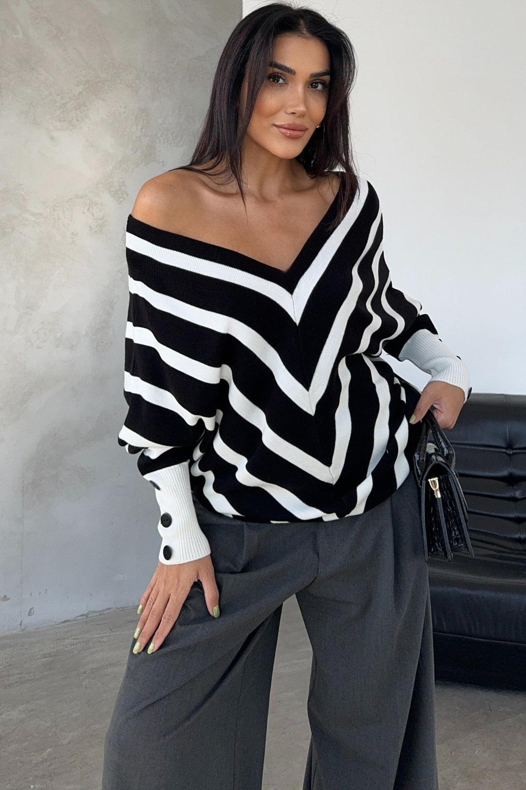 Off Shoulders Striped Knitted Sweater with Buttons in Black/White - jqwholesale.com