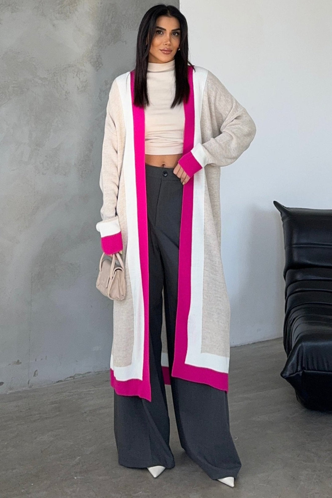Longline ColourBlock Cardigan in Beige/Pink - jqwholesale.com