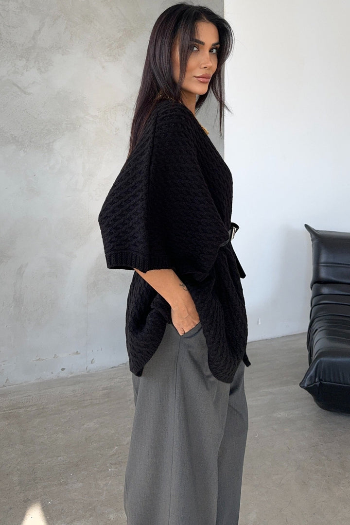 Short Sleeve Wrap Cardigan in Classic Black - jqwholesale.com
