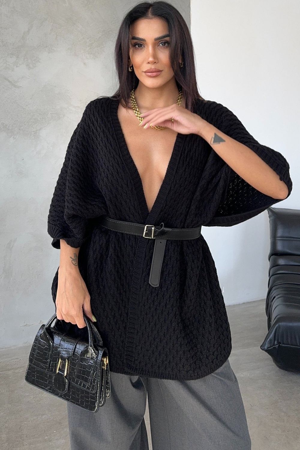 Short Sleeve Wrap Cardigan in Classic Black - jqwholesale.com