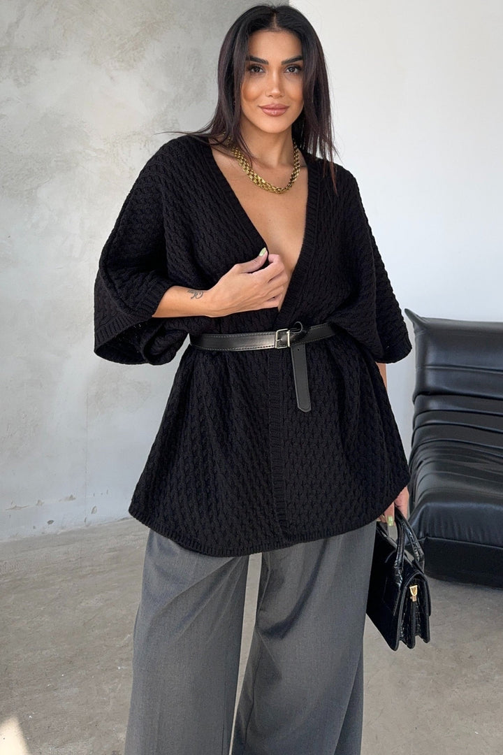 Short Sleeve Wrap Cardigan in Classic Black - jqwholesale.com