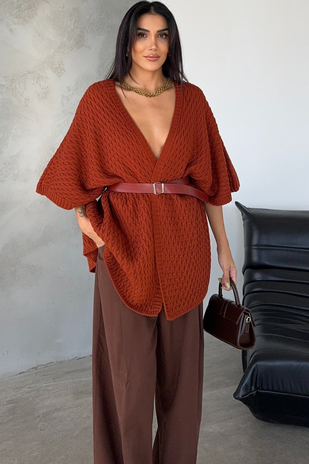 Short Sleeve Wrap Cardigan in Rust Red - jqwholesale.com