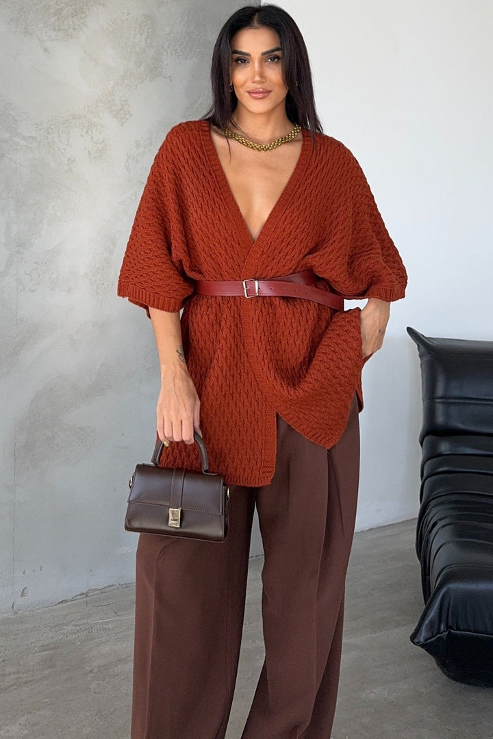 Short Sleeve Wrap Cardigan in Rust Red - jqwholesale.com