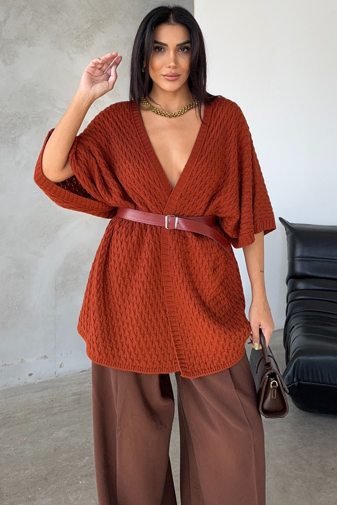 Short Sleeve Wrap Cardigan in Rust Red - jqwholesale.com