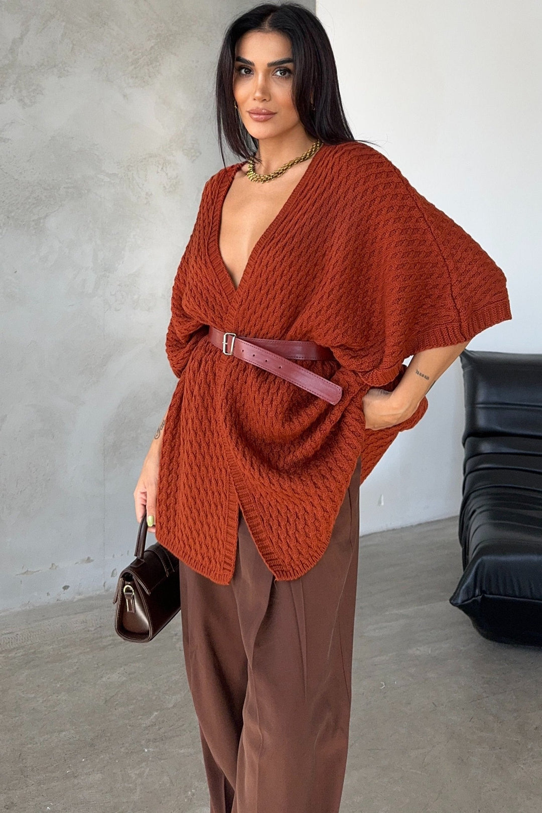 Short Sleeve Wrap Cardigan in Rust Red - jqwholesale.com