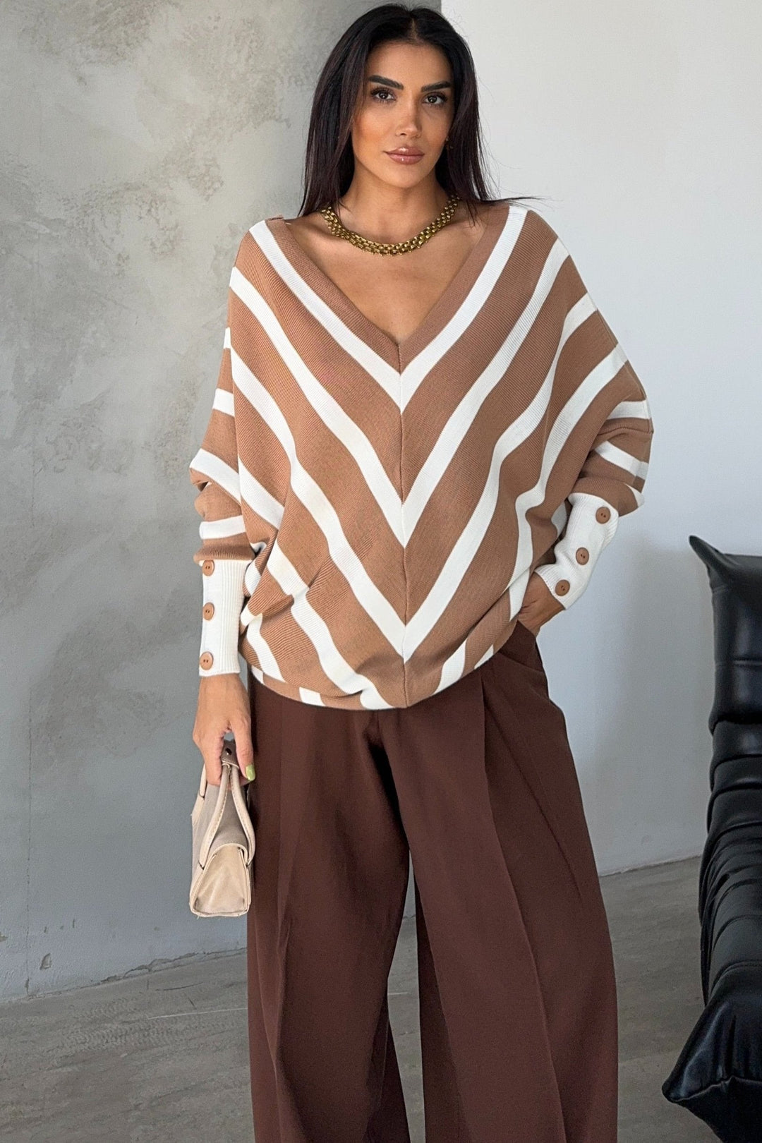 Off Shoulders Striped Knitted Sweater with Buttons in Camel - jqwholesale.com