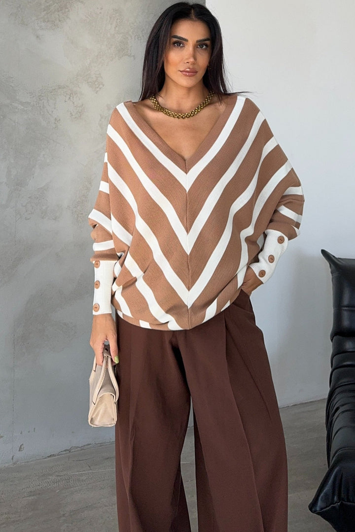Off Shoulders Striped Knitted Sweater with Buttons in Camel - jqwholesale.com